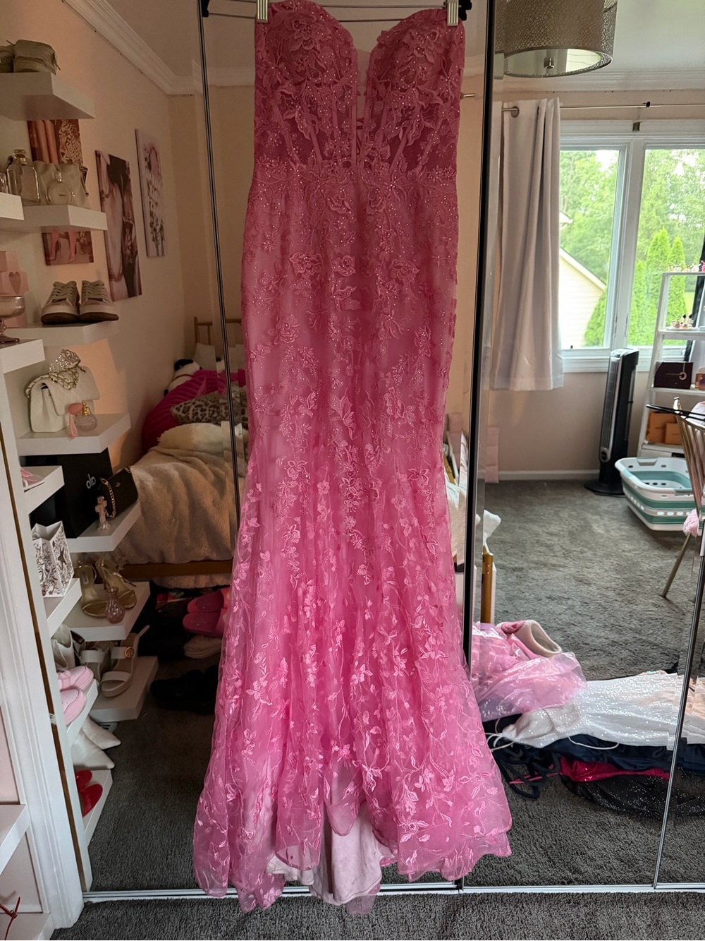 ellie wilde Bright Pink Lace Strapless Sparkle Maxi Gown